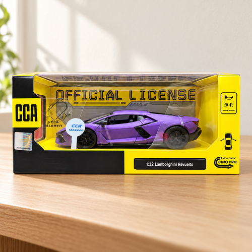 CCA Lamborghini Revuelto 1:32 purple model car in its display box on a collector's desk