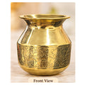 Engraved golden pooja lota showing floral decoration