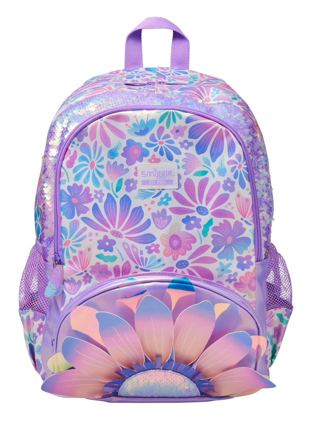 Smiggle Bloom floral large school backpack - front with flower pocket