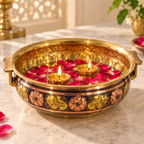 AI-styled floral handled urli — Water, rose petals and floating diyas