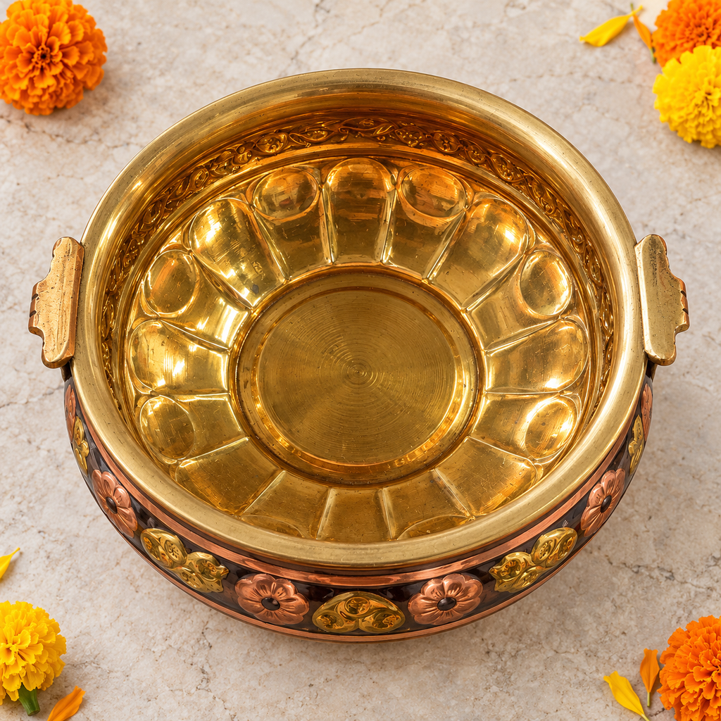 AI-styled floral handled urli — Overhead interior view