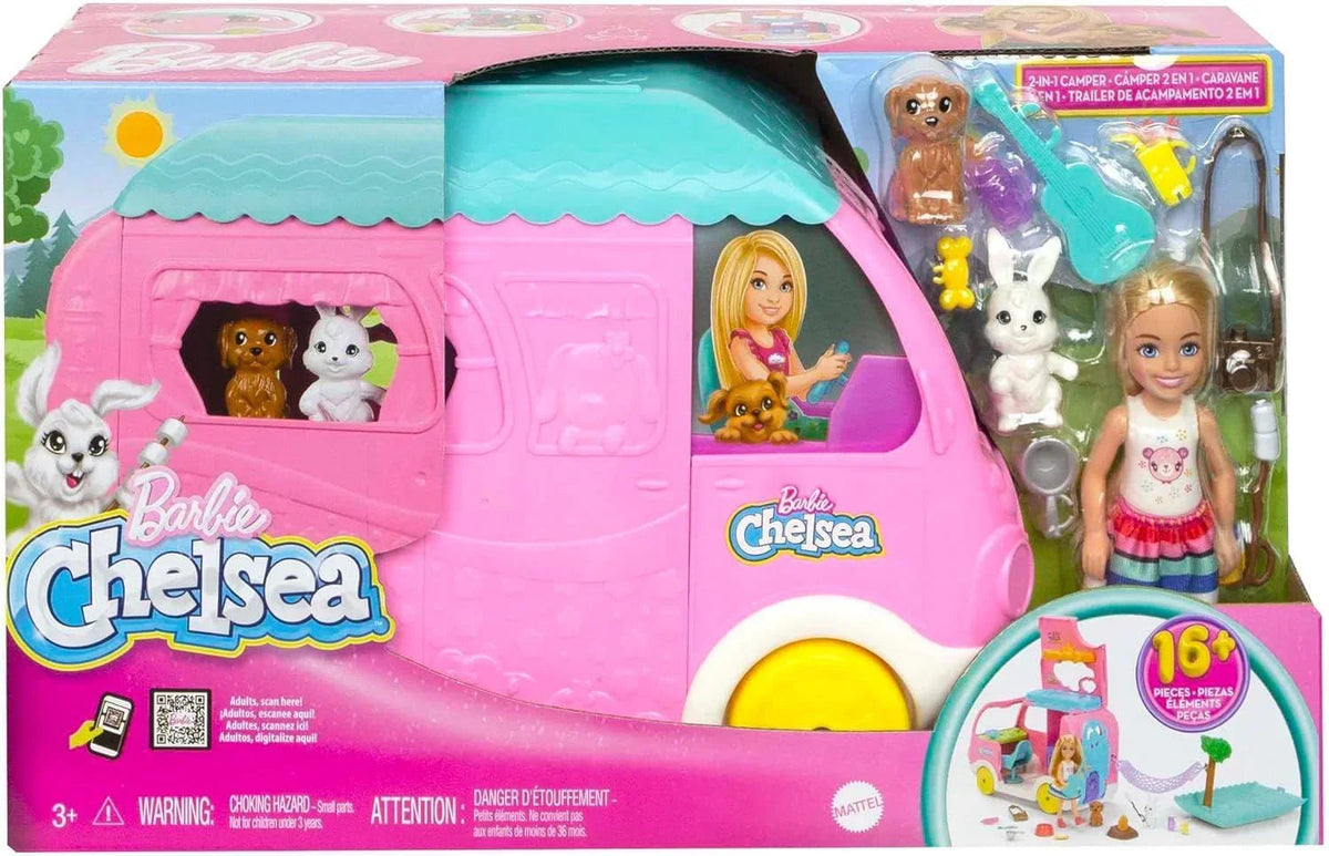 Barbie Chelsea 2-in-1 Camper Playset with Doll & Pets – retail packaging