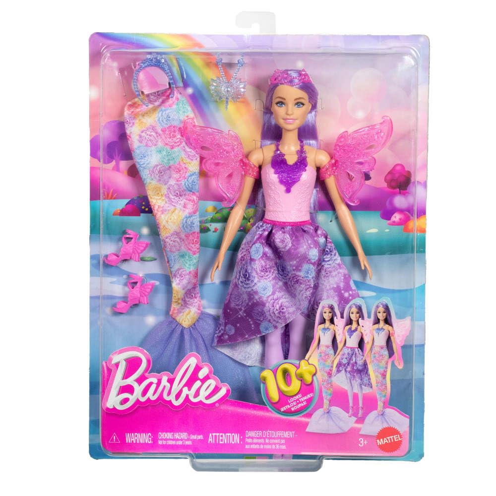 Barbie Fantasy Dress-Up Doll with Mermaid Tail & Fairy Wings – retail packaging