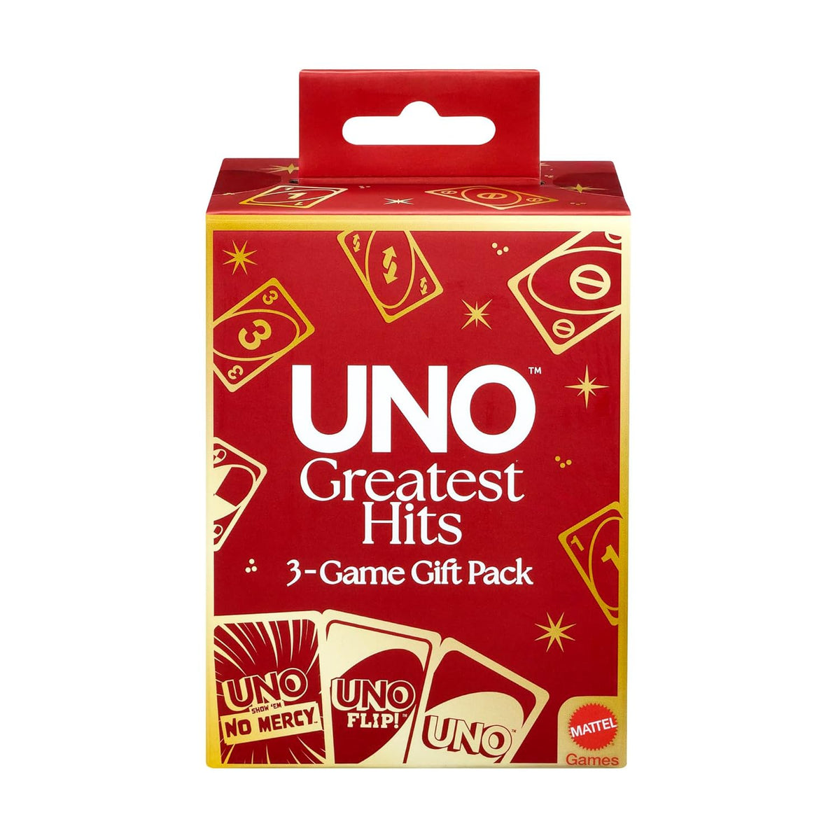 Mattel UNO Greatest Hits Gift Pack – 3 Card Games – retail packaging