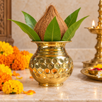 Circular-pattern gold-tone kalash — pooja styling (AI-styled)