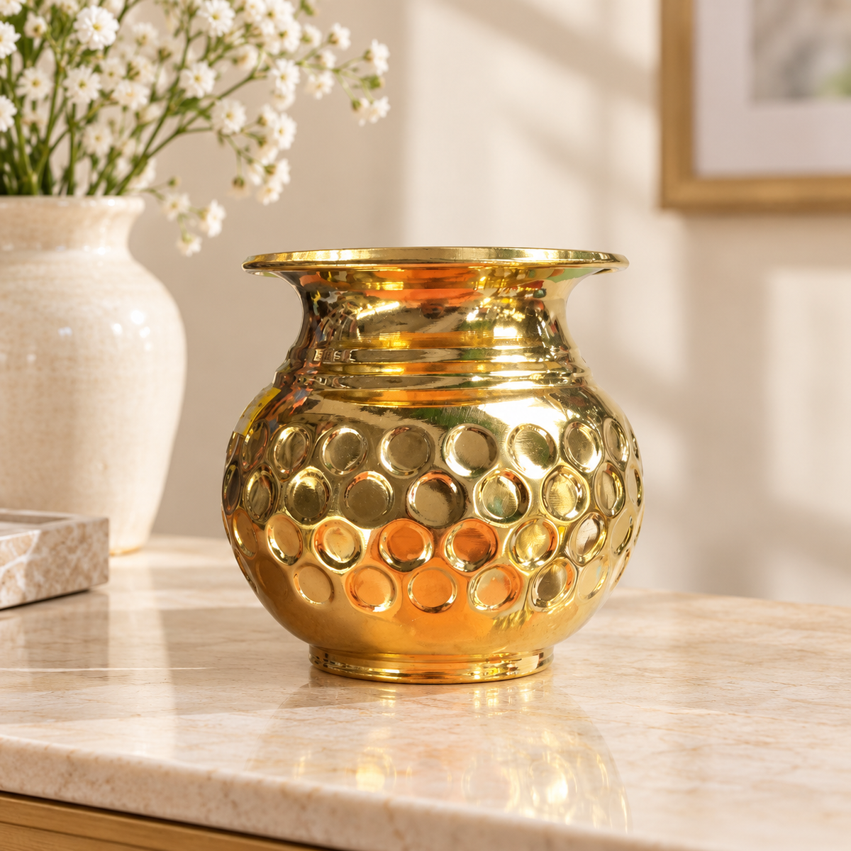 Circular-pattern gold-tone kalash — home display (AI-styled)