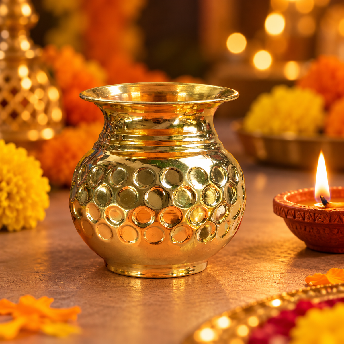 Circular-pattern gold-tone kalash — diya styling (AI-styled)