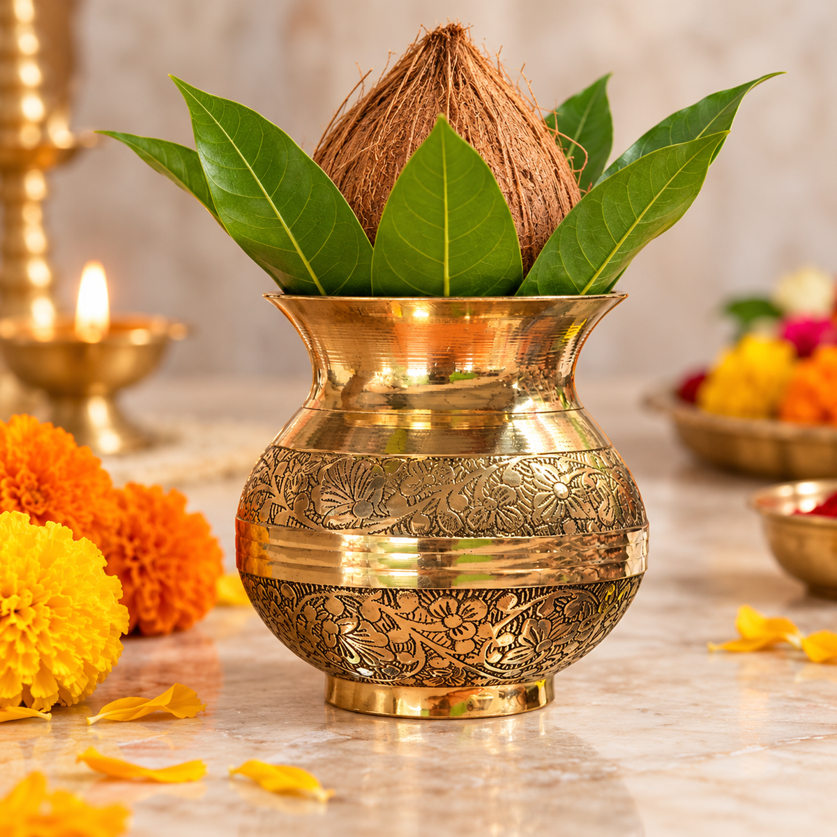 Floral engraved gold-tone kalash — pooja styling (AI-styled)