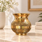 Floral engraved gold-tone kalash — home display (AI-styled)