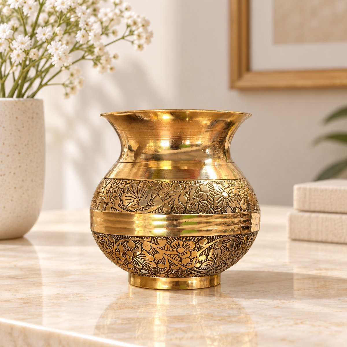 Floral engraved gold-tone kalash — home display (AI-styled)