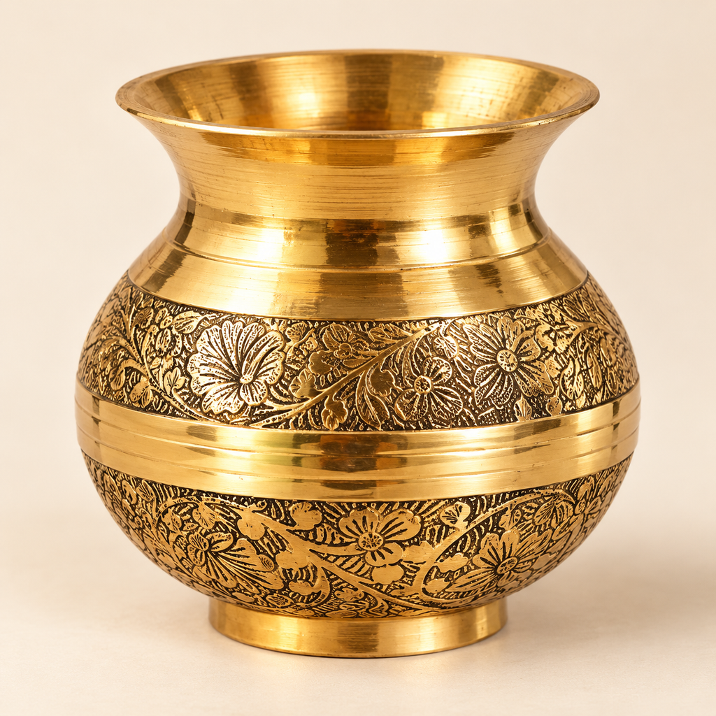 Floral engraved gold-tone kalash — detail view (AI-styled)