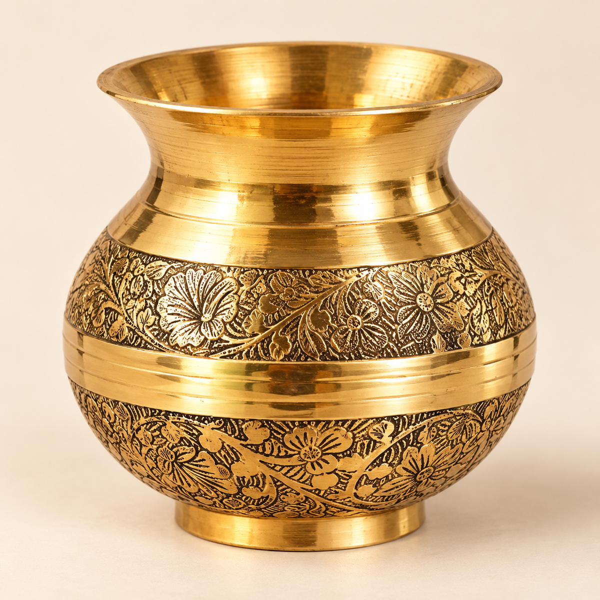 Floral engraved gold-tone kalash — detail view (AI-styled)