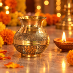 Floral engraved gold-tone kalash — diya styling (AI-styled)