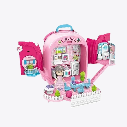 3-in-1 Pink Kitchen Backpack Playset 008-991 - open dollhouse kitchen