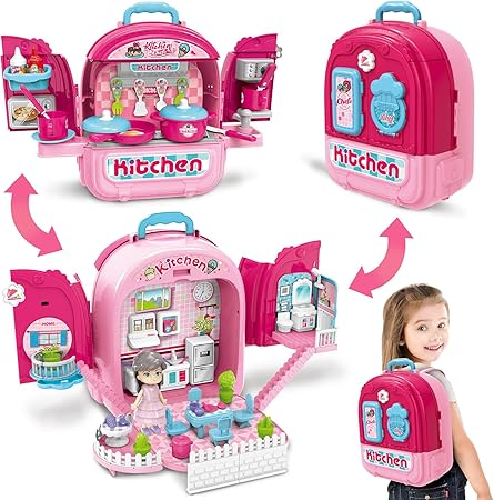 3-in-1 Pink Kitchen Backpack Playset 008-991 - backpack and play modes