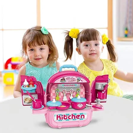 3-in-1 Pink Kitchen Backpack Playset 008-991 - children playing with kitchen set