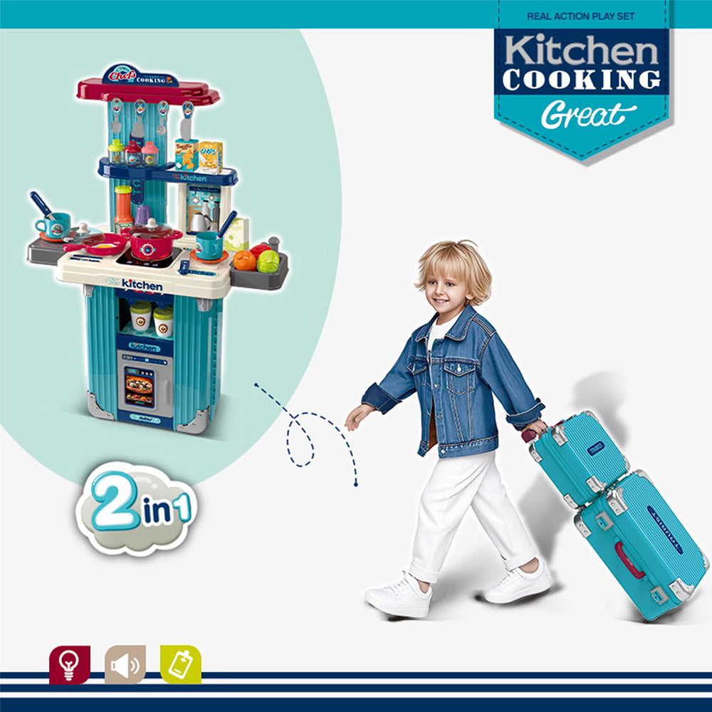 3-in-1 Blue Kitchen Suitcase Playset 008-606A - rolling suitcase in use