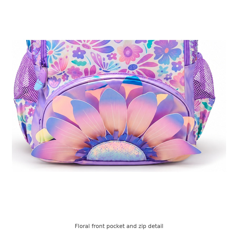 Smiggle Floral School Backpack – Large — Floral front pocket and zip detail