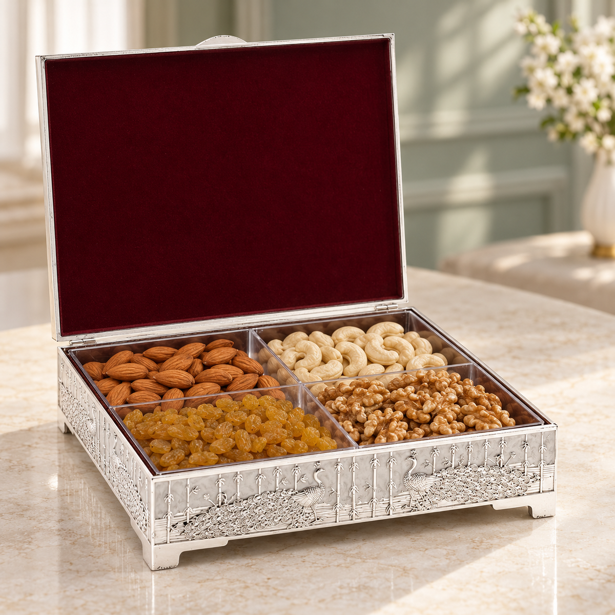 Styled open peacock dry fruit box with four compartments — dry fruits not included