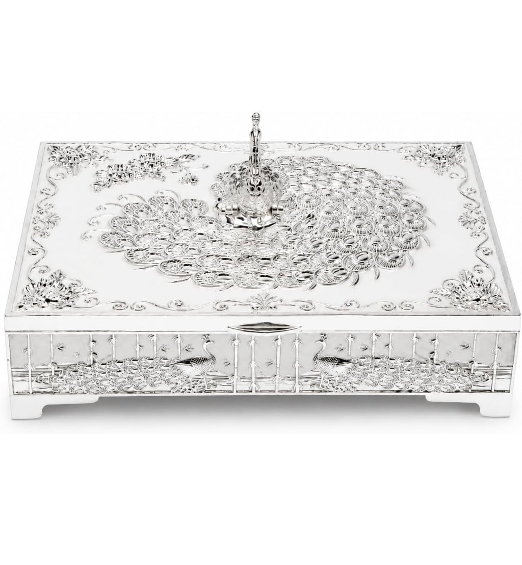 Peacock dry fruit box in silver-tone finish — supplied closed view