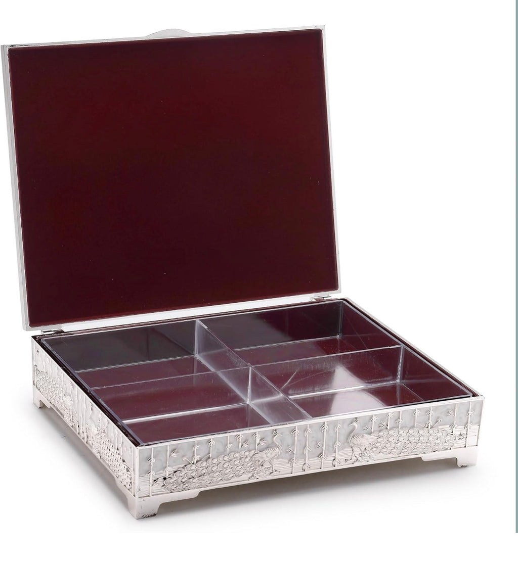 Peacock dry fruit box open with four clear compartments and burgundy lid lining