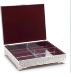 Peacock dry fruit box open with four clear compartments and burgundy lid lining