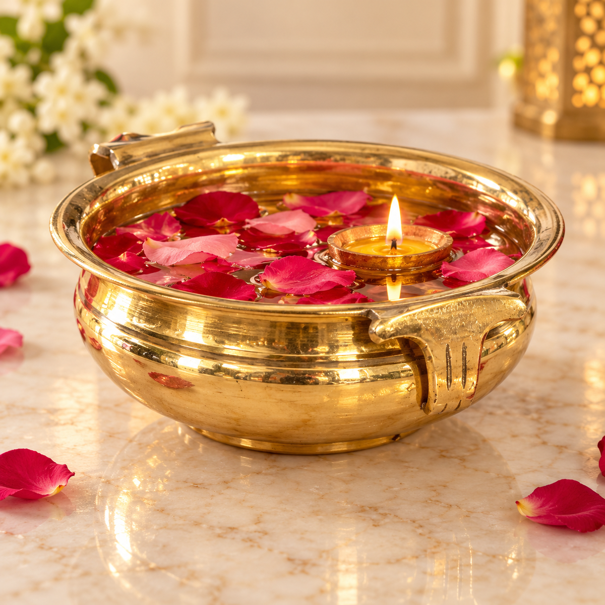 AI-styled plain gold-tone urli — Water, rose petals and floating diya