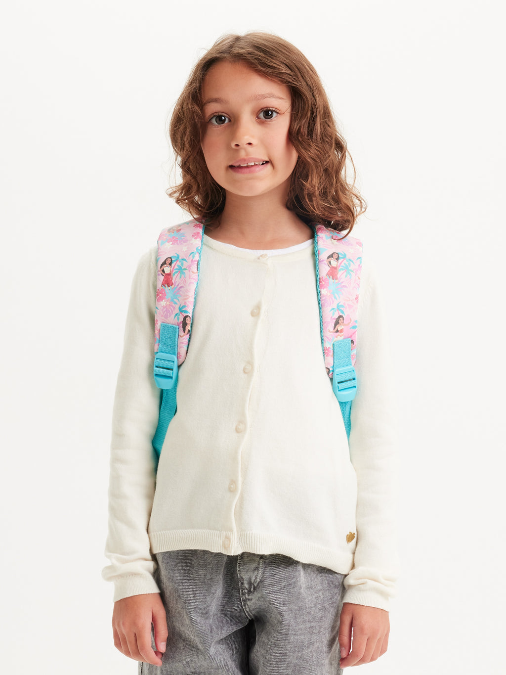 Smiggle Moana medium school backpack - worn view showing padded shoulder straps