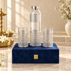 AI-styled product photo 1: Silver-Tone Glass Bottle & 2 Tumblers Gift Set