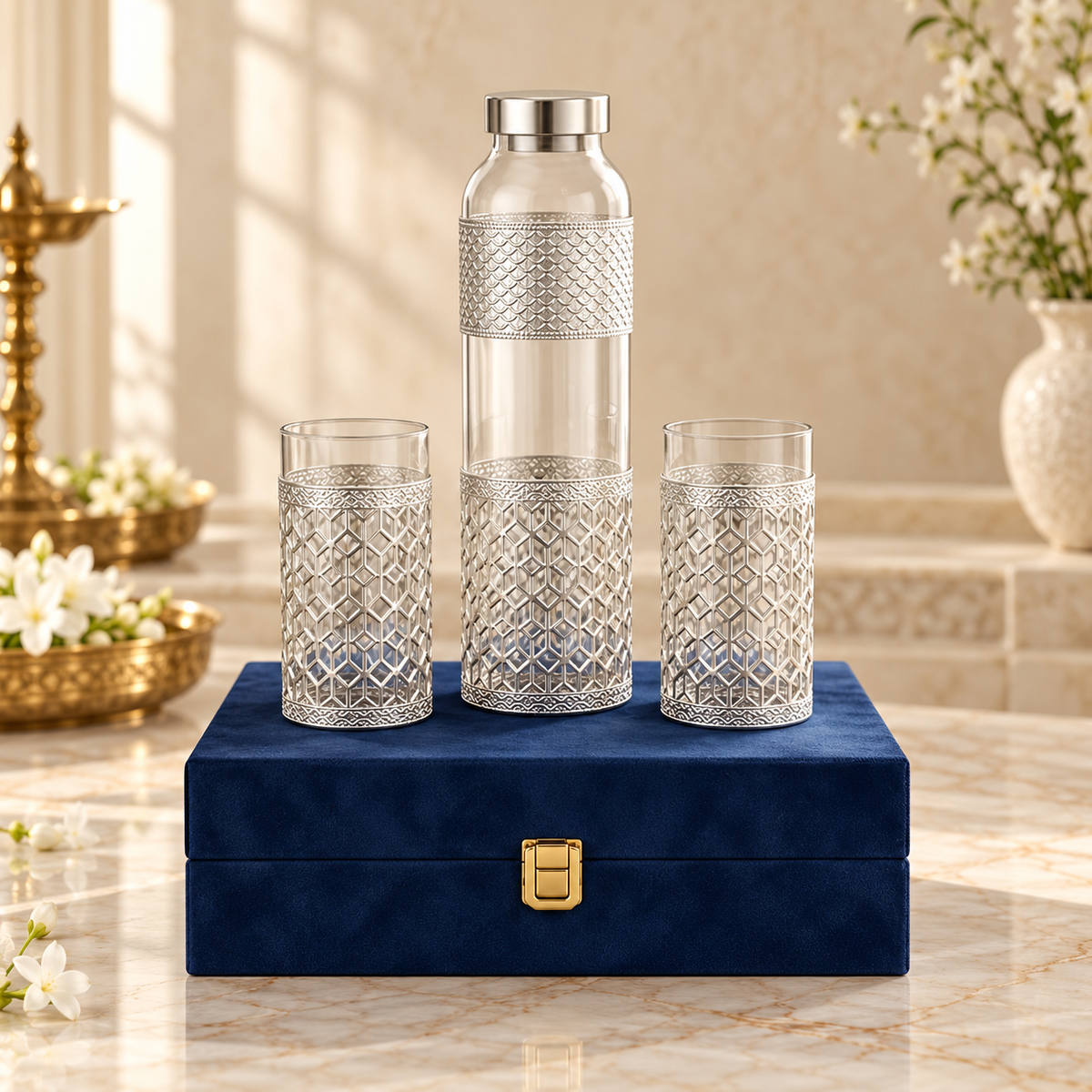 AI-styled product photo 1: Silver-Tone Glass Bottle & 2 Tumblers Gift Set