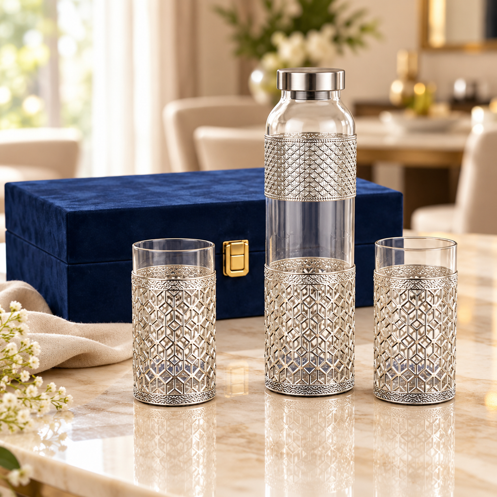 AI-styled product photo 2: Silver-Tone Glass Bottle & 2 Tumblers Gift Set
