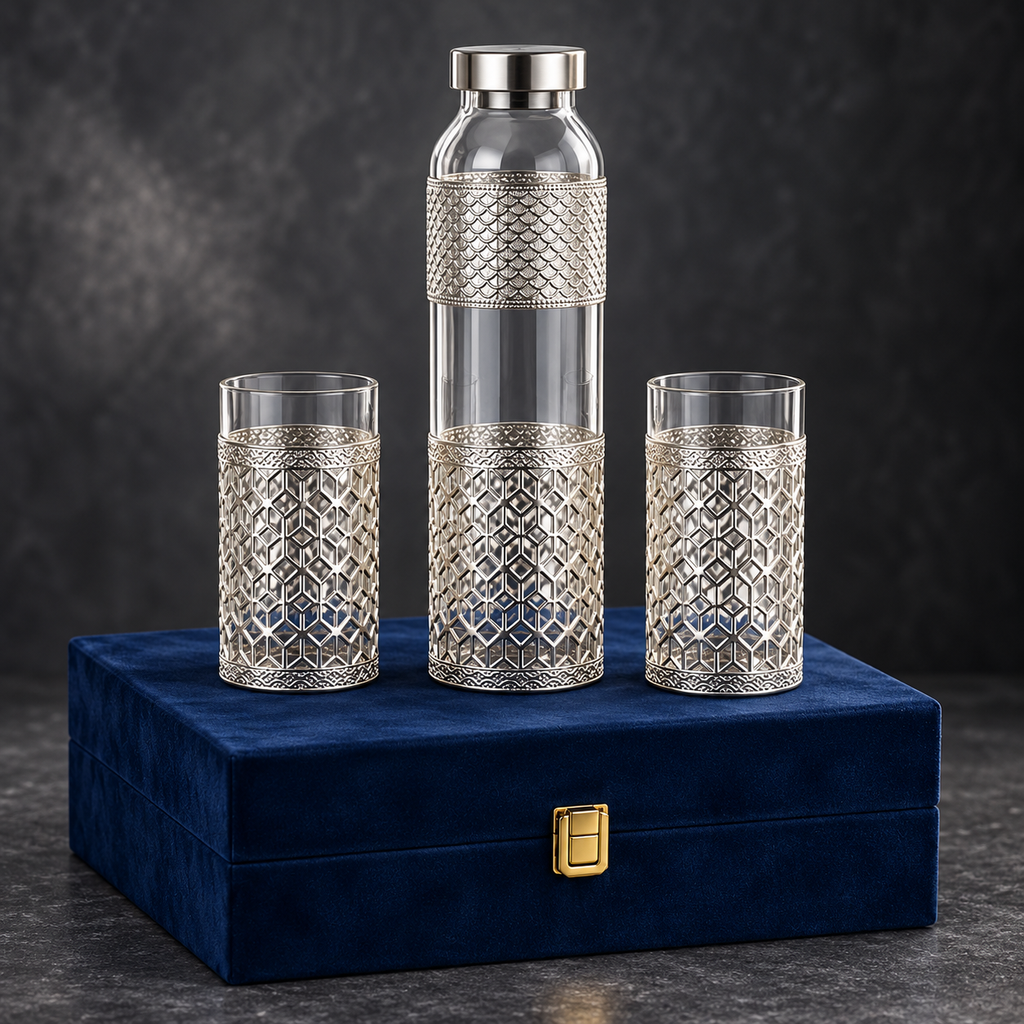 AI-styled product photo 3: Silver-Tone Glass Bottle & 2 Tumblers Gift Set