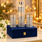 AI-styled product photo 4: Silver-Tone Glass Bottle & 2 Tumblers Gift Set