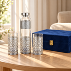 AI-styled product photo 5: Silver-Tone Glass Bottle & 2 Tumblers Gift Set