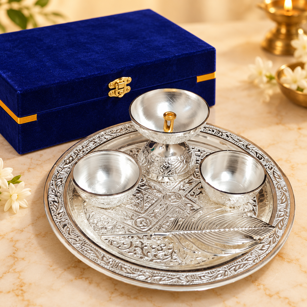 AI-styled product photo 1: Embossed Silver-Tone Pooja Thali Gift Set – 5 Pieces