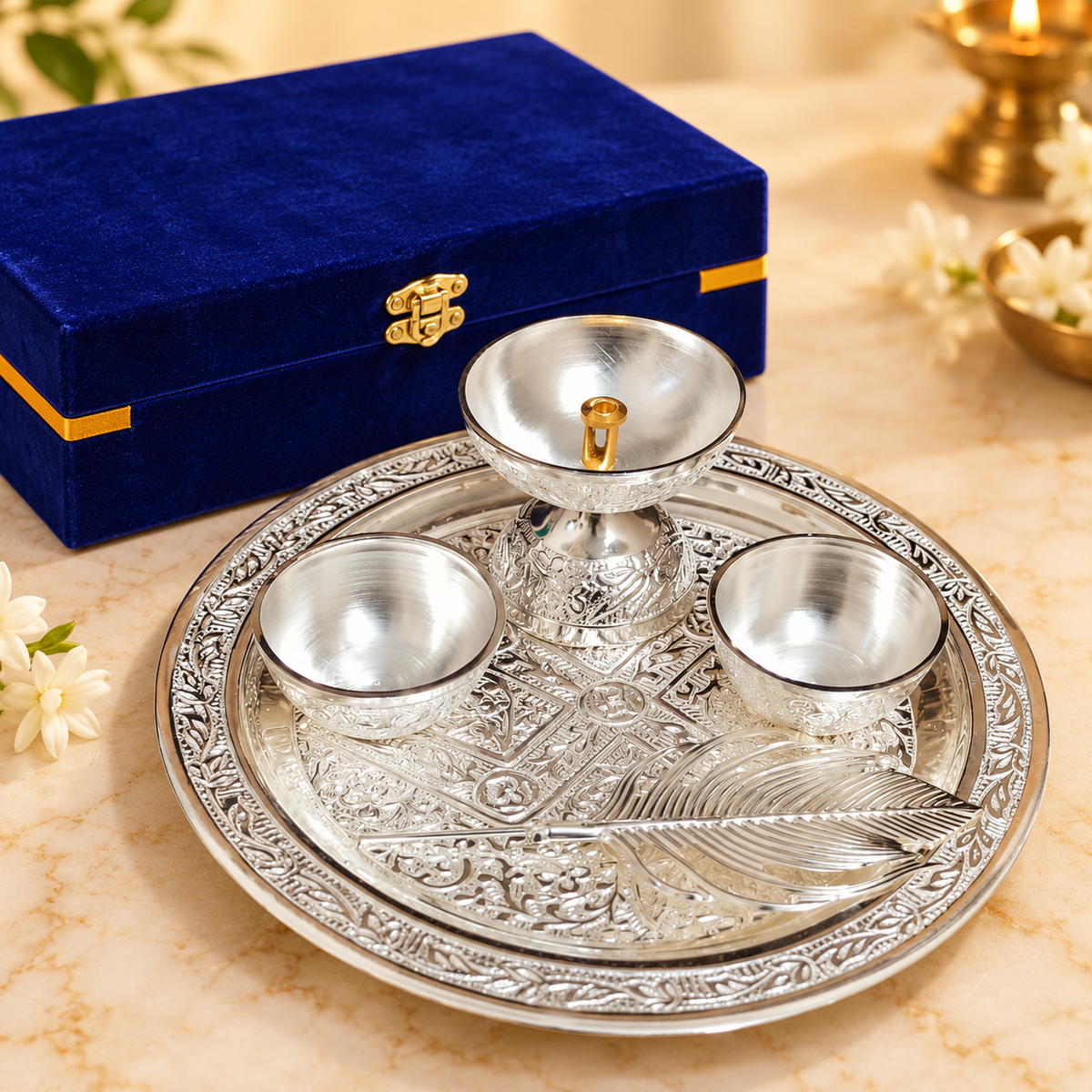 AI-styled product photo 1: Embossed Silver-Tone Pooja Thali Gift Set – 5 Pieces