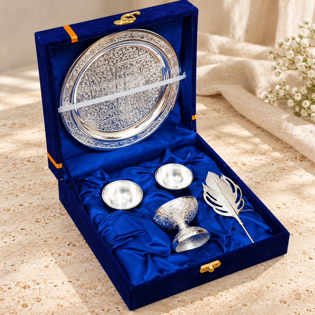 AI-styled product photo 2: Embossed Silver-Tone Pooja Thali Gift Set – 5 Pieces