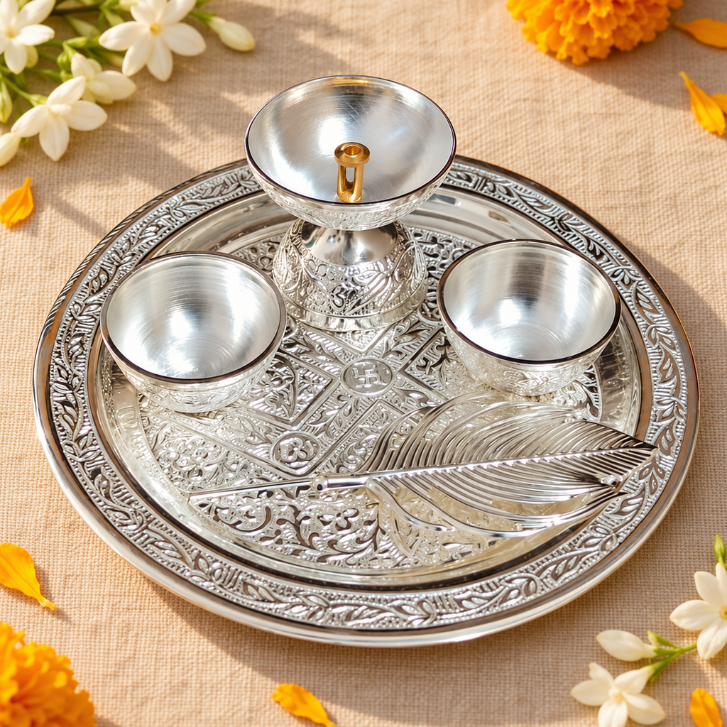 AI-styled product photo 3: Embossed Silver-Tone Pooja Thali Gift Set – 5 Pieces