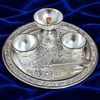 AI-styled product photo 4: Embossed Silver-Tone Pooja Thali Gift Set – 5 Pieces