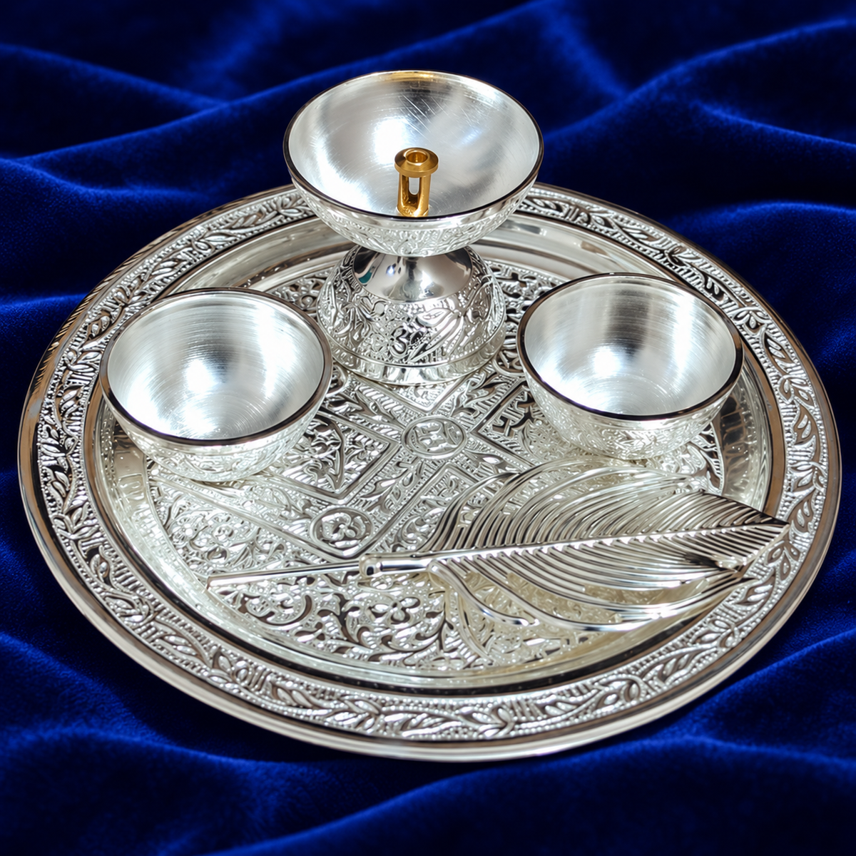 AI-styled product photo 4: Embossed Silver-Tone Pooja Thali Gift Set – 5 Pieces