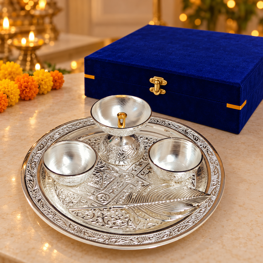 AI-styled product photo 5: Embossed Silver-Tone Pooja Thali Gift Set – 5 Pieces