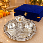 AI-styled product photo 5: Embossed Silver-Tone Pooja Thali Gift Set – 5 Pieces