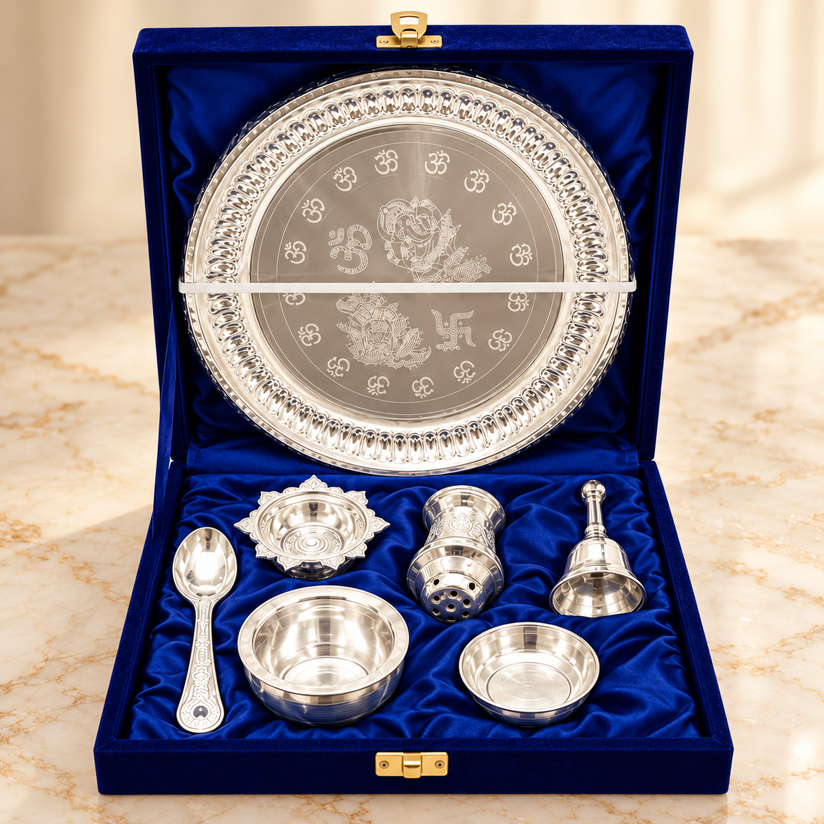 Silver-Plated Pooja Thali Gift Set | 7 Pieces | Woopito