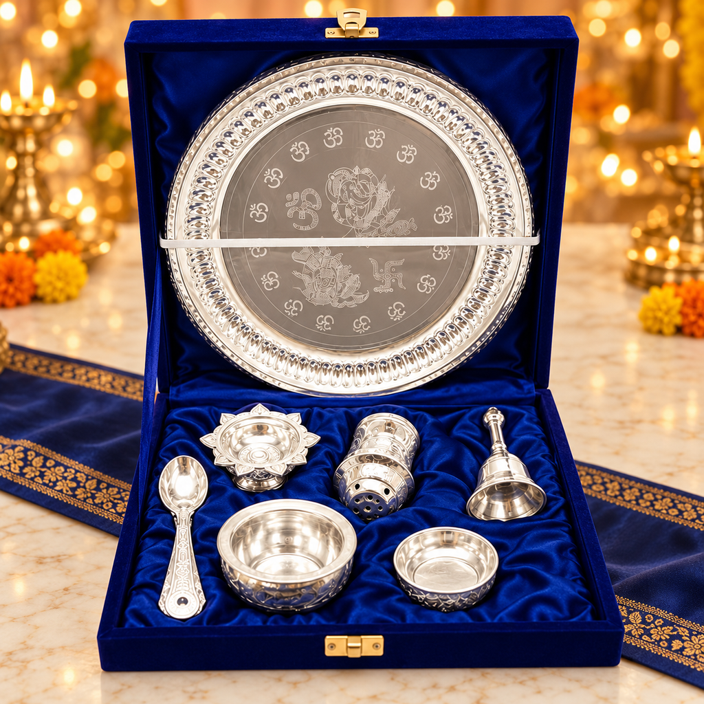 AI-styled product photo 3: Silver-Plated Pooja Thali Gift Set – 7 Pieces