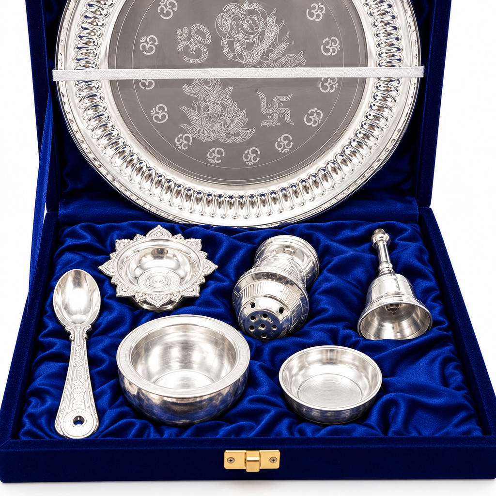 AI-styled product photo 4: Silver-Plated Pooja Thali Gift Set – 7 Pieces
