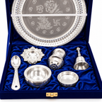 AI-styled product photo 4: Silver-Plated Pooja Thali Gift Set – 7 Pieces