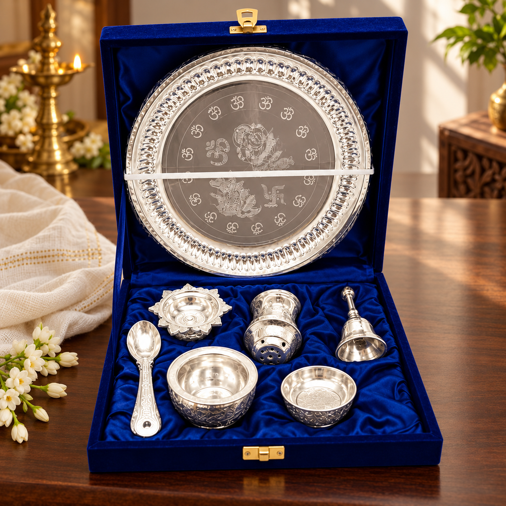 AI-styled product photo 5: Silver-Plated Pooja Thali Gift Set – 7 Pieces